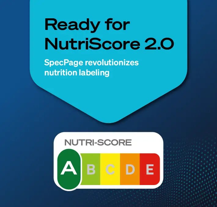 A graphic displaying Ready for NutriScore 2.0 with a Nutri-Score label ranging from A (green) to E (red) and the text SpecPage revolutionizes nutrition labeling.