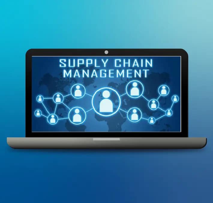 A laptop displays a screen with the words Supply Chain Management and connected user icons over a world map background.