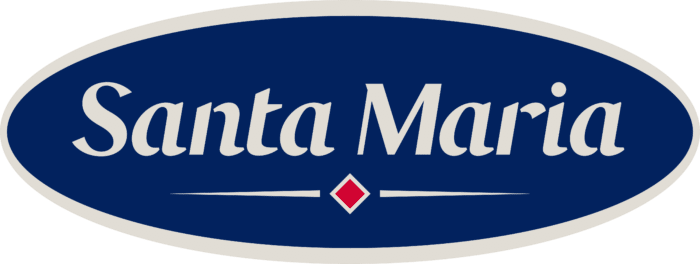 Santa Maria logo with white text on a blue oval background and a small red diamond centered below the text.