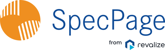 SpecPage logo featuring an orange circular graphic, blue text reading SpecPage, and smaller text from revalize with a geometric icon.