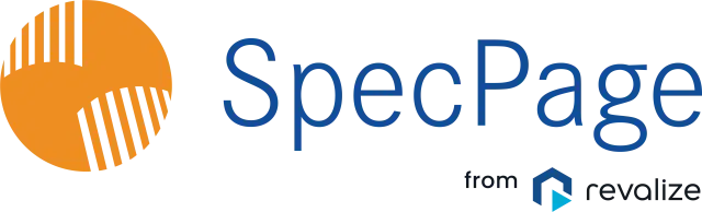 SpecPage logo featuring an orange circular graphic, blue text reading SpecPage, and smaller text from revalize with a geometric icon.