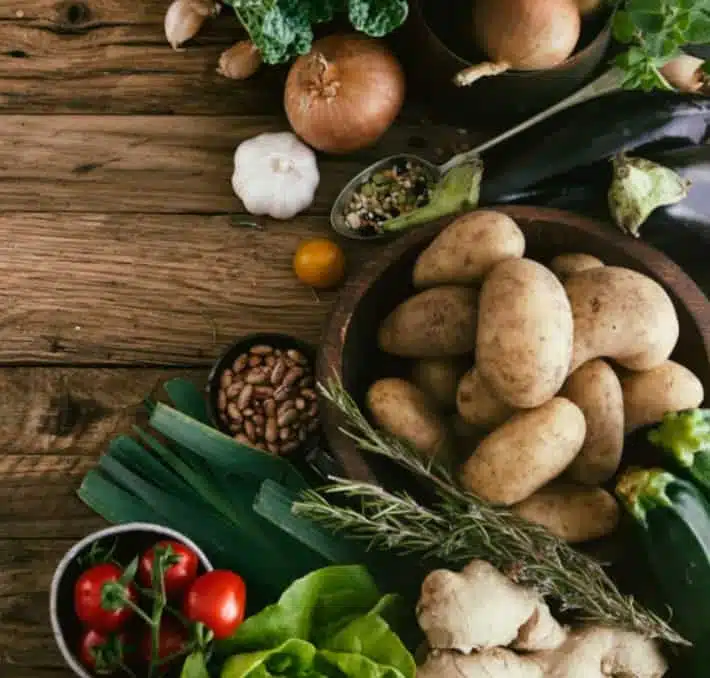 Eine Auswahl an frischem Gemüse, darunter Kartoffeln, Tomaten, Zucchini, Auberginen, Zwiebeln, Knoblauch und Blattgemüse, angerichtet auf einem rustikalen Holztisch.