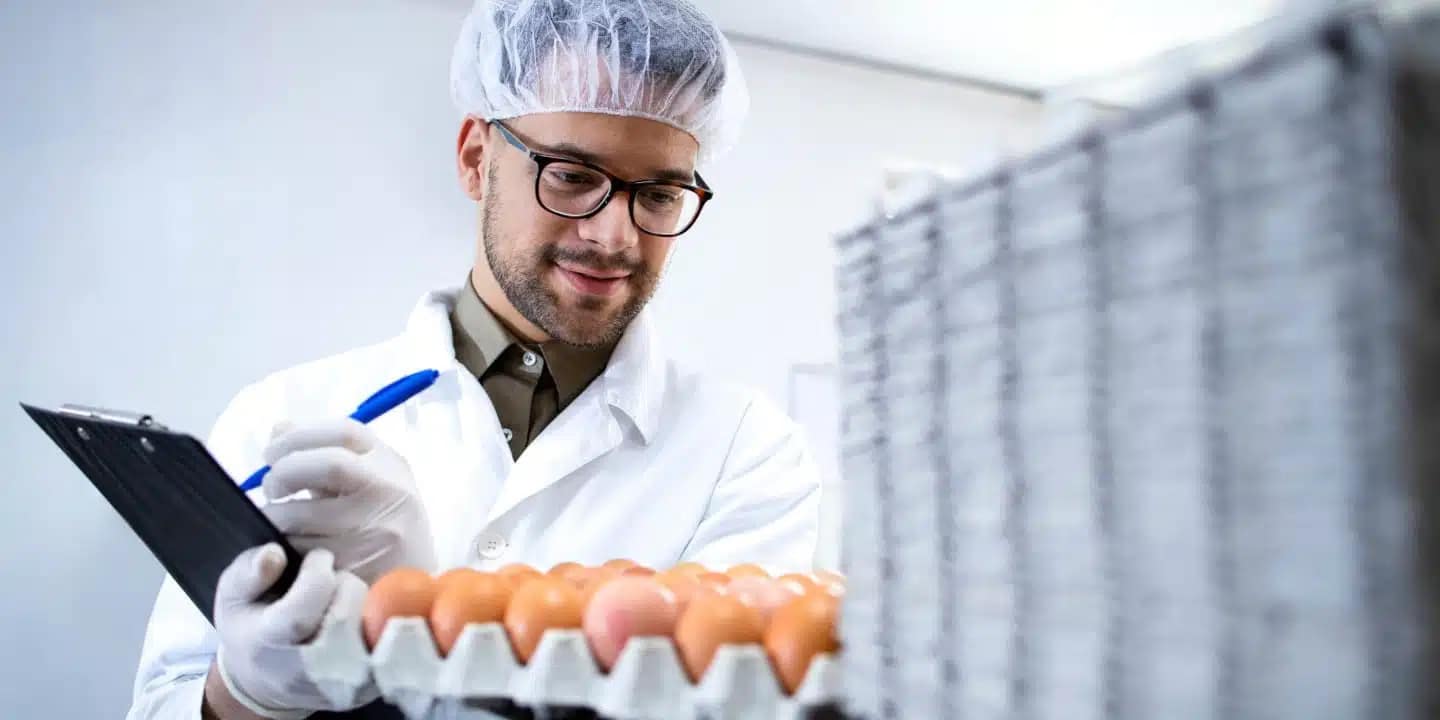 Ein Mann in einem Laborkittel, mit Haarnetz und Handschuhen untersucht Eier in Schalen, wobei er ein Klemmbrett und einen Stift in der Hand hält; dies geschieht in einem Labor oder einer Lebensmittelverarbeitungsanlage.