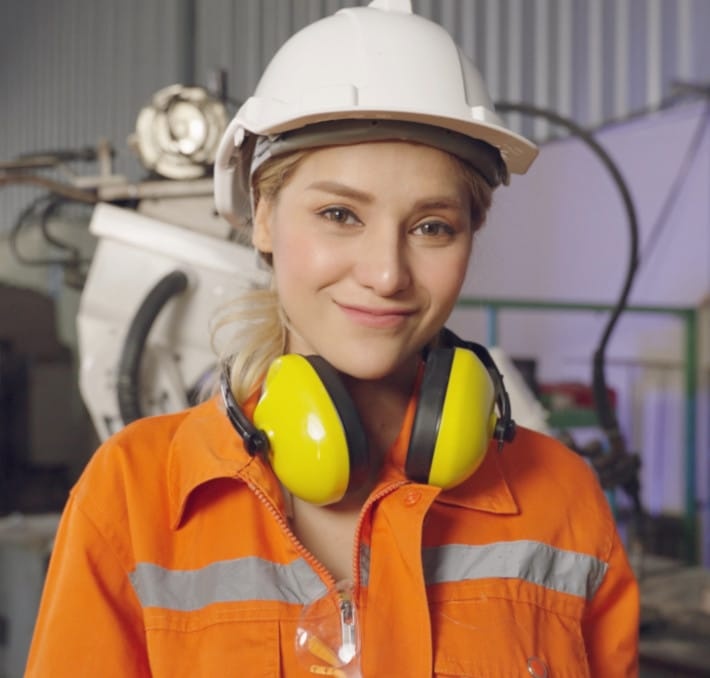 A woman in an orange safety uniform and white hard hat stands in an industrial setting with yellow ear protection around her neck.