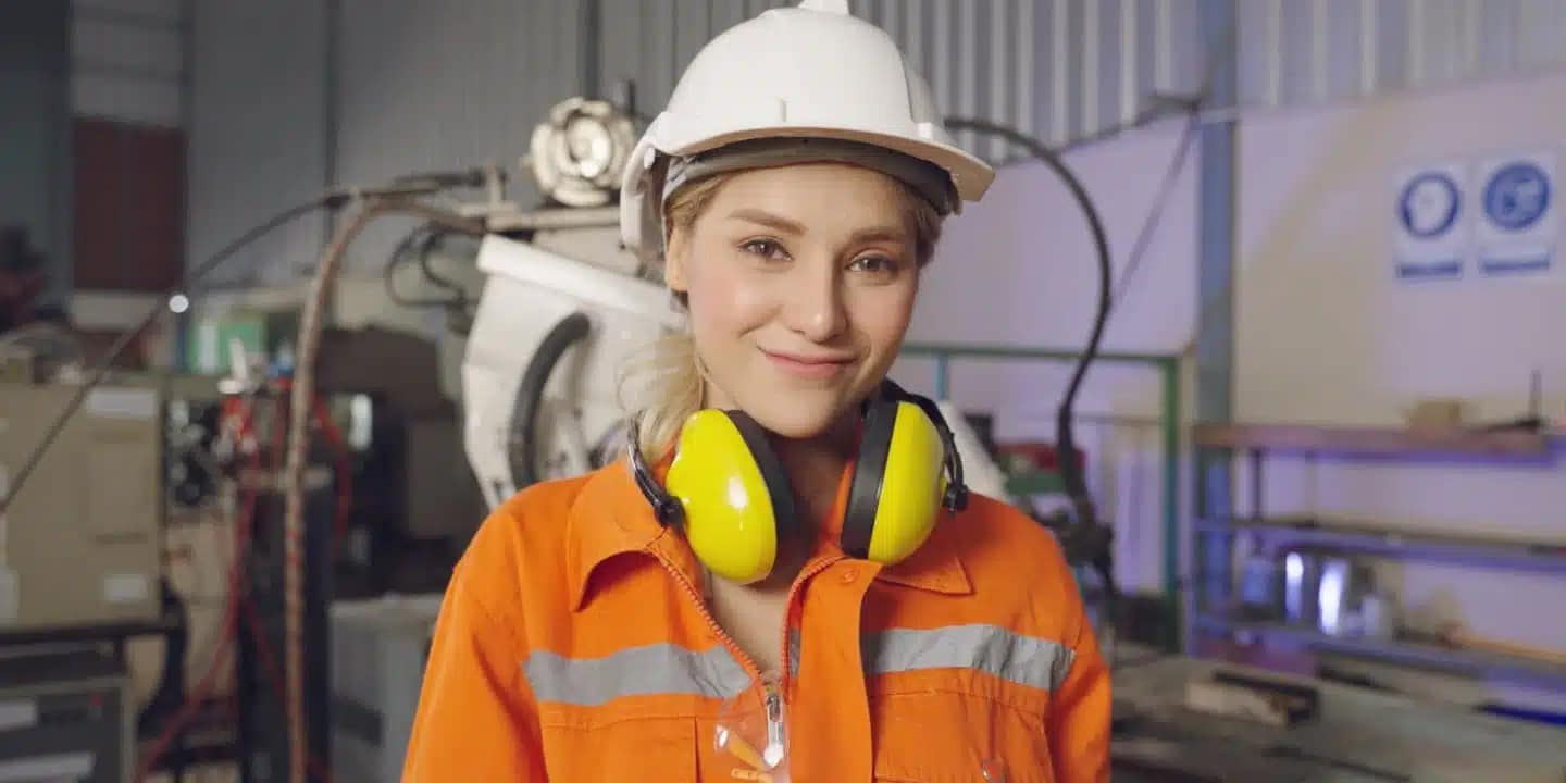 Eine Frau, die einen weißen Schutzhelm, eine orangefarbene Sicherheitsjacke und einen gelben Gehörschutz trägt, steht in einer Industriehalle, schaut in die Kamera und lächelt.