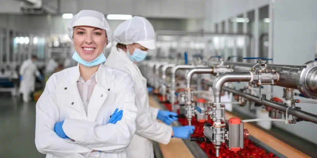 Zwei Arbeiter in weißen Laborkitteln, Handschuhen und Haarnetzen stehen in einem Lebensmittel- oder Pharmabetrieb, mit Maschinen und Fließbändern im Hintergrund.