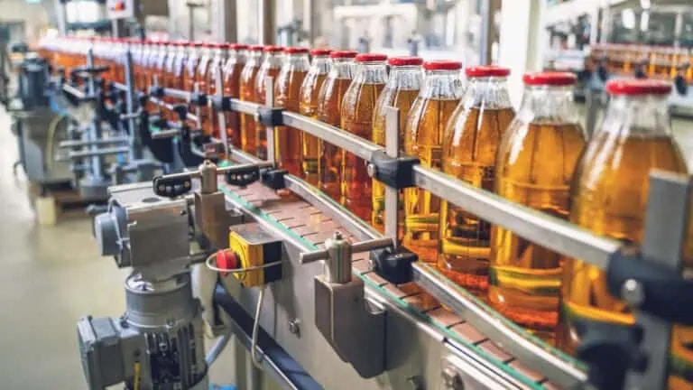 Bottles filled with amber liquid move along a conveyor belt in a beverage factory production line.