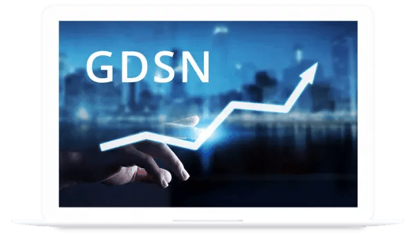 A hand touches an upward-trending graph with the text GDSN and sap gtin connector displayed on a laptop screen against a blue background.