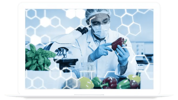 A scientist in protective gear examines a red bell pepper, analyzing products in a lab setting with scientific equipment and digital hexagon overlays visible.